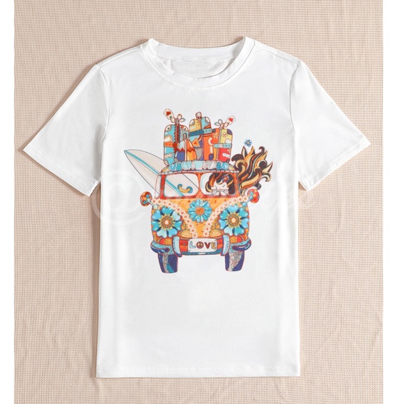White Graphic Tee Shirt Short Sleeve Floral Hippie Surf Bus Print - Picture 5 of 6